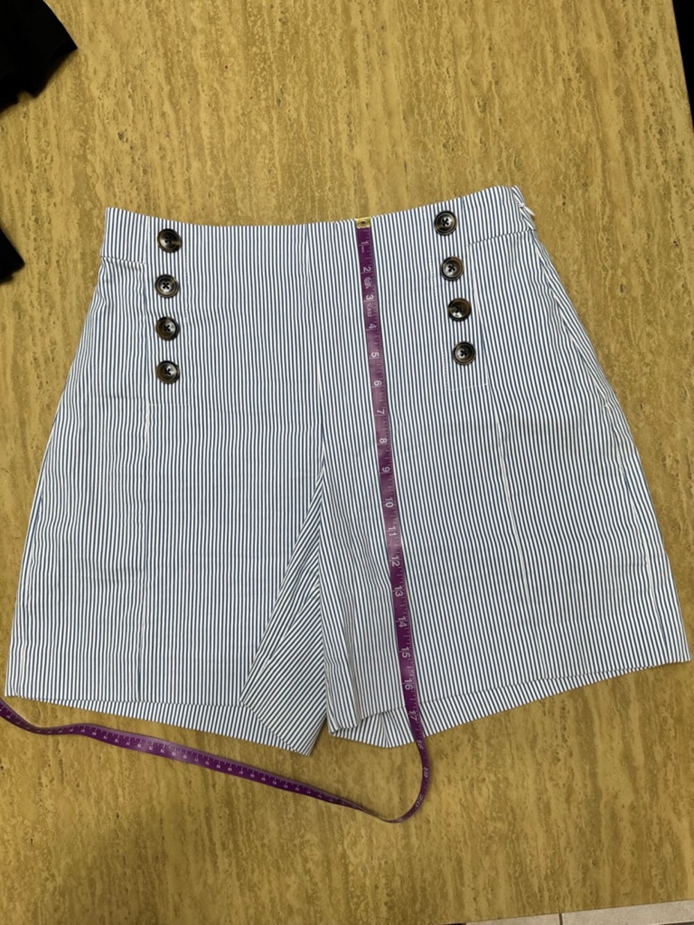 Ann Taylor Factory White & Navy Striped High-Waist Shorts with Button Detail